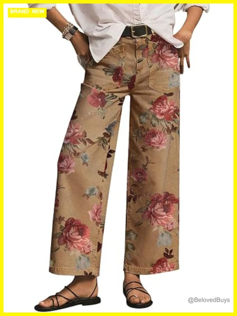 High Rise Straight Leg Pants Floral Print Baggy Patch Pocket Lightweight Cotton